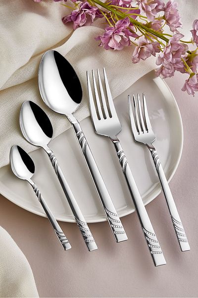 Kısmet Bade Model 60 Pieces Boxed Patterned 12 Person Steel Flat Fork Spoon Set Set