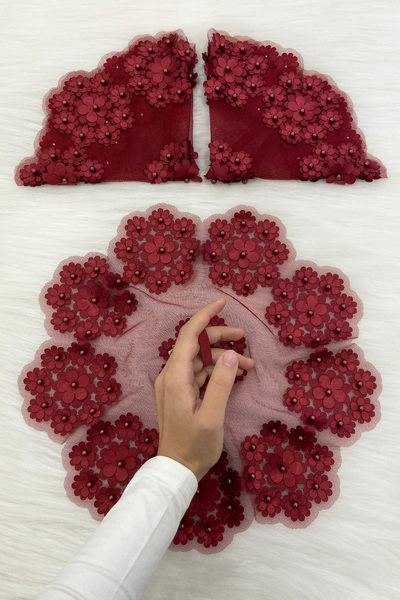 ZEYMERADE منديل عريس وعروس باللون العنابي، منديل عروس وعروس مفصل باللؤلؤ، مند...