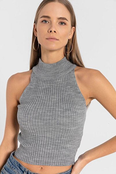 Miss Poem Women's Turtleneck Turtleneck Sleeveless Short Light Blue Knitwear Crop