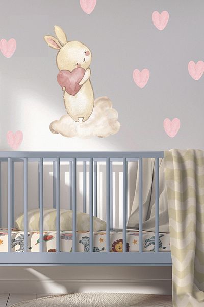 Renklendir Hayatını Stk-92 Rabbit and Heart Themed Wall Sticker