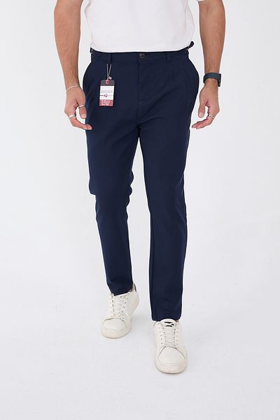 BROCARD Men's Winter Buckle Belt Italian Cut Boyfriend Fit Comfortable Navy Blue Fabric Trousers