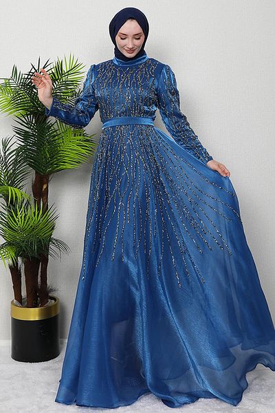 GİZ AGİYİM Rochie de seara Hijab Indigo - Detaliu Sıla Stone