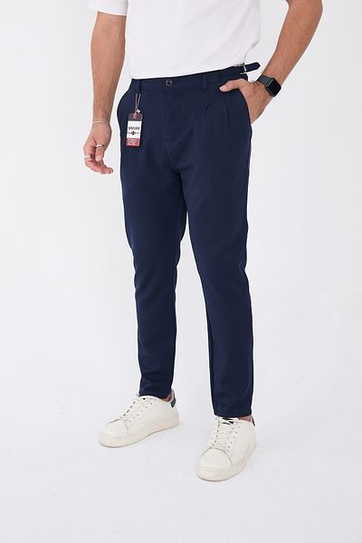 BROCARD Men's Winter Buckle Belt Italian Cut Boyfriend Fit Comfortable Navy Blue Fabric Trousers