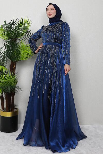 GİZ AGİYİM فستان سهرة حجاب باللون الأزرق الداكن - حجر سيلا