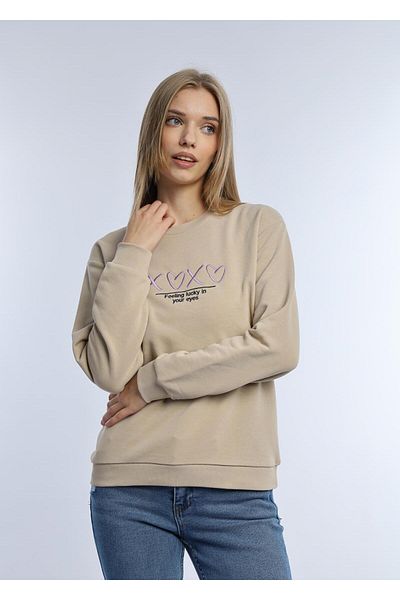 Polo State Μπεζ γυναικείο φούτερ - Crew Neck, 3 Κλωστές Χωρίς Σχάρα