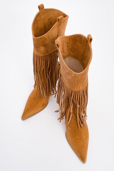 LuviShoes Γυναικείες μπότες με τακούνι GUERAS Tan Suede με φούντες