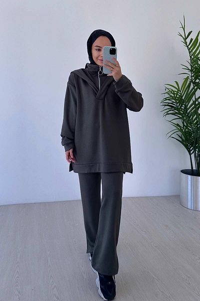 Ka Hijab Khaki Hooded 2-Piece Hijab Set - 3 Thread