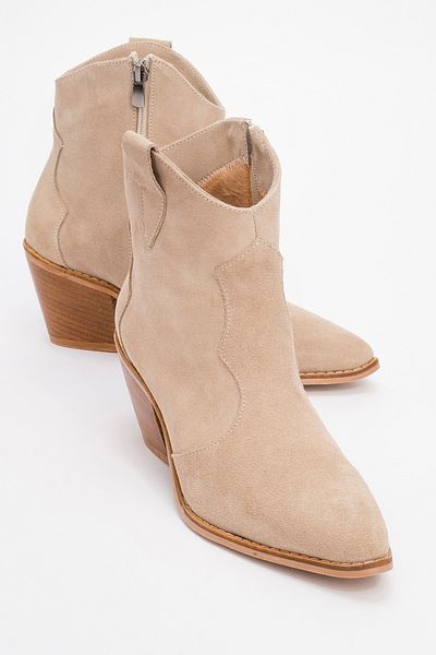 LuviShoes Valvia Beige Suede Genuine Leather Zippered Women's Thick Heeled Boots