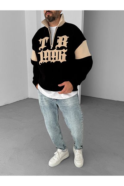 BYBASICMAN 1998 Model Embroidered Black Sweatshirt - Half Zipper Jj-97
