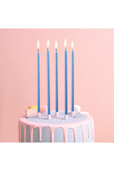 Paparti 6 adet 20 cm Metalik Mavi Uzun Mum Doğum Günü Pasta Mumu
