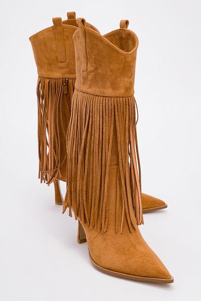 LuviShoes Γυναικείες μπότες με τακούνι GUERAS Tan Suede με φούντες