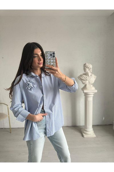 MADAME MELEK Cămașă în dungi cu mânecă lungă cu broșă trandafir