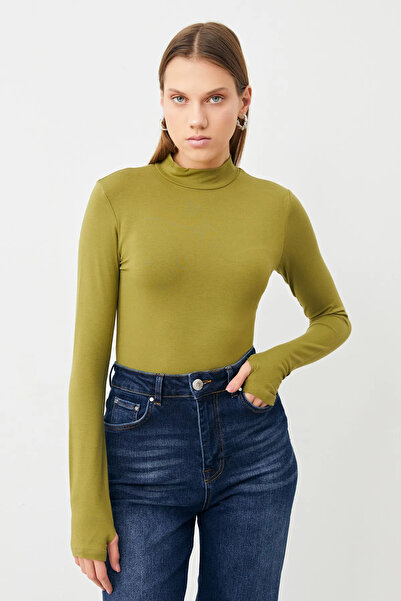 Bipantolon Women's Black Bitter Brown Oil Green 3-Piece Finger Detailed Bodysuit