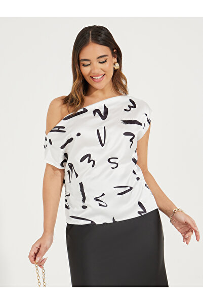 Take Two By Styli Asymmetric Neck Graphic Detail Top