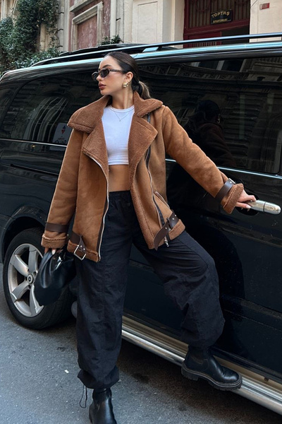 ASEDE Παλτό Biker Oversize με Nubuck εξωτερικά, βελούδινο εσωτερικά και δερμάτινη λεπτομέρεια