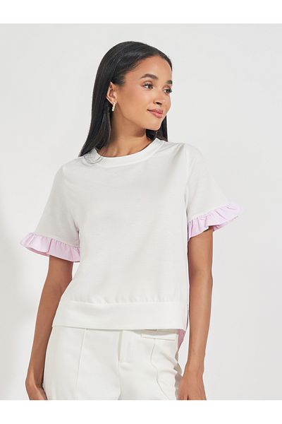 Styli Striped Panel Blouse with Back Button Detail