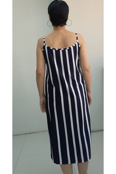 Mertcan Butik Μπλε μπλε λευκό ριγέ φόρεμα βισκόζης με λουράκι