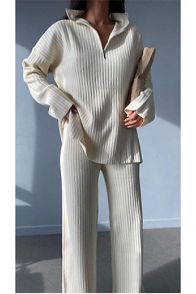 YILMAZ Women's Ribbed Collar Zippered Leg Slits Side Zipper Knitwear Suit Ecru
