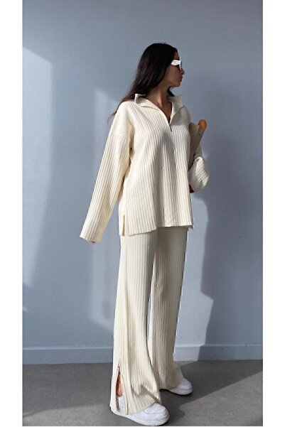 YILMAZ Kadın Fitilli Yaka Fermuarlı Paçası Yırtmaçlı Yanlardan Fermuarlı Triko Takım Ekru