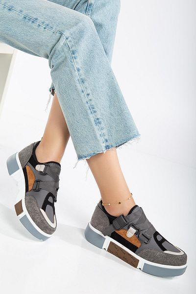 Dilimler Ayakkabı Pantofi sport de damă, gri, piele de căprioară elastică, talpă groasă multicoloră