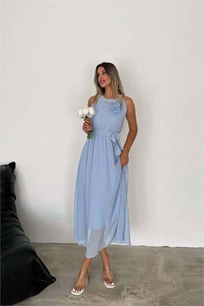 Dipmoda kadın gül broş detaylı uzun şifon elbise DPK2144