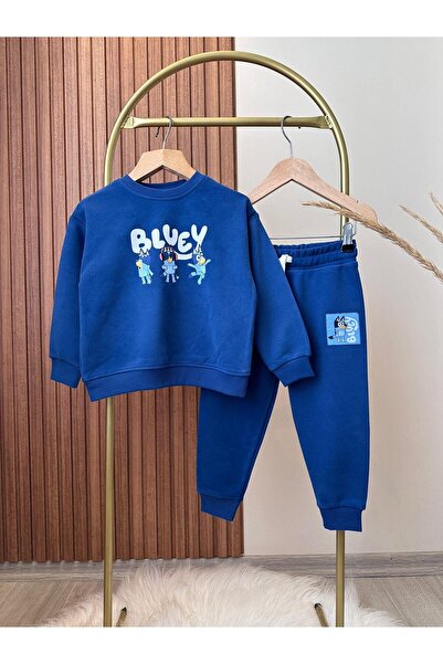 Magu Unisex Kids Bluey Patterned Cotton Sweatshirt Tracksuit Top and Bottom Set