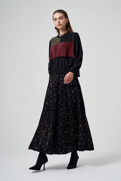 MissWhence Cupro Silk Patchwork Detail Skirt Blouse Set