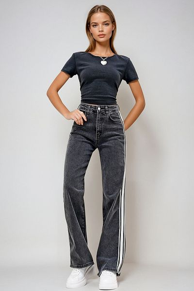 VAGGON Women's Anthracite 5-Pocket Washed Stripe Detailed Mom Jeans Prm1277