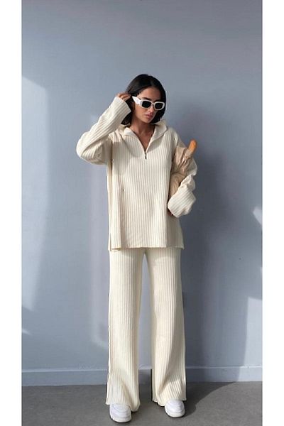 YILMAZ Women's Ribbed Collar Zippered Leg Slits Side Zipper Knitwear Suit Ecru