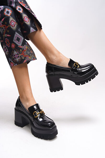 Riccon Ivofaelor Чорні шкіряні жіночі лофери на підборах - 00121520