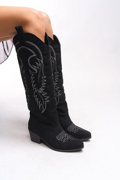 Riccon Zreidira Black Suede Γυναικείες Μπότες Western - Κεντημένες, Μοντέλο 001290