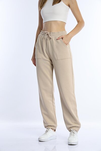 Polo State Γυναικείο ελαστικό ψηλόμεσο 3 κλωστών μπεζ Jogger Loose Sweatpants