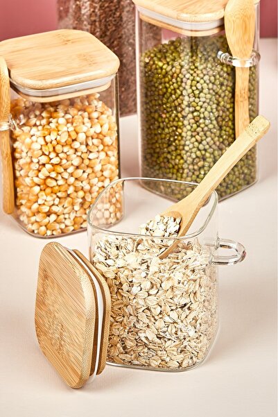 Saatistan Bambu kapaklı, vakumlu, kaşıklı cam kavanoz seti, erzak ve bakliyat saklama için ideal