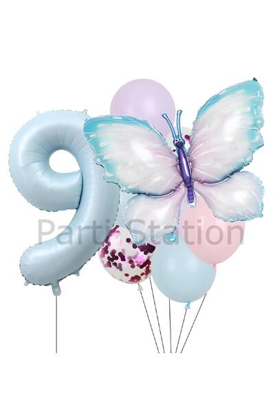 Parti Station Pembe Mavi Kelebek 9 Yaş Balon Set Kelebek Konsept Doğum Günü B...