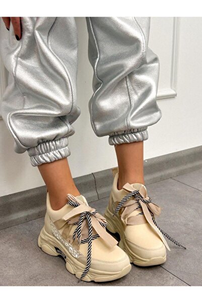 ERVANIN BUTİĞİ Beige Diver (Bonnie) Bow Detail Women's Lace-up Sneakers
