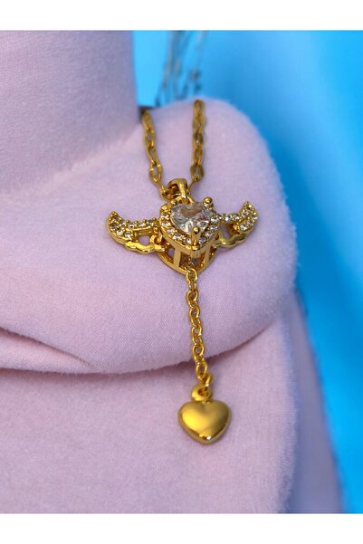 Rose vif Hareketli Kanatlı Çelik Gold Rengi Parlak Taşlı Kalp Kolye
