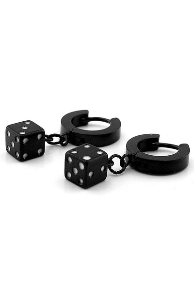 Solfera Black Color Dice-Shaped Dangle Steel Hoop Women's Men's Earrings Er124
