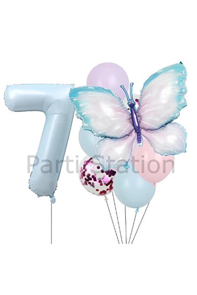 Parti Station Pembe Mavi Kelebek 7 Yaş Balon Set Kelebek Konsept Doğum Günü B...