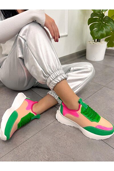 ERVANIN BUTİĞİ Yeşil Pembe Triko (MİNES) Kadın Bağcıklı Sneakers
