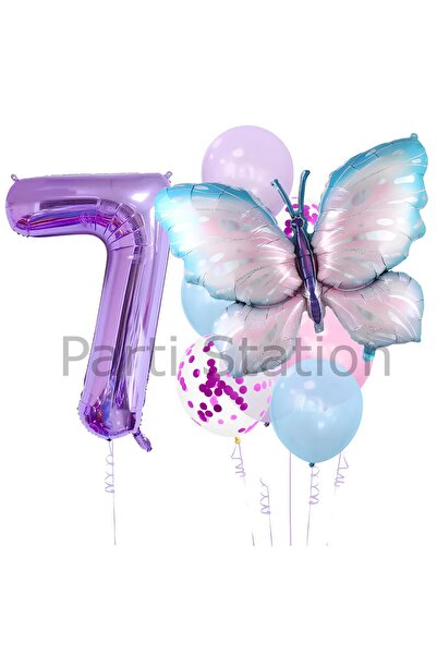 Parti Station Mavi Pembe  Kelebek 7 Yaş Mor Rakam Balon Set Kelebek Konsept D...