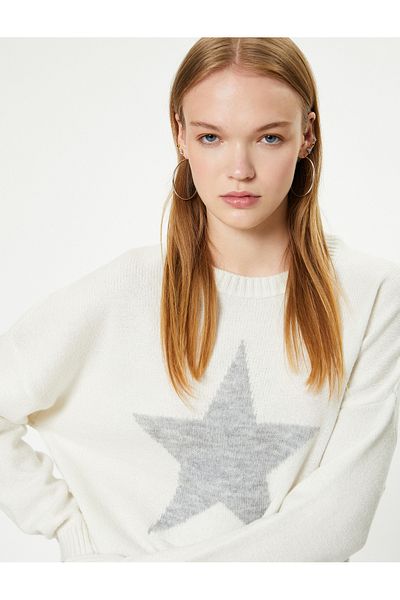 Koton Soft Textured Long Sleeve Star Patterned Sweater - Crew Neck
