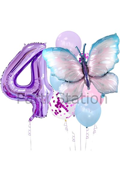 Parti Station Mavi Pembe  Kelebek 4 Yaş Mor Rakam Balon Set Kelebek Konsept D...