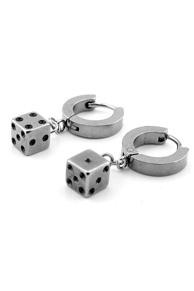 Solfera Silver Colored Dice Shaped Dangle Steel Hoop Women's Men's Earrings Er125