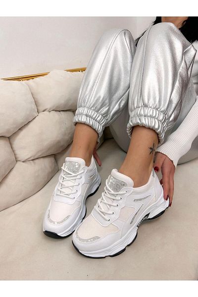 ERVANIN BUTİĞİ White Leather (Leo) Leopard Detailed Women's Lace-up Sneakers