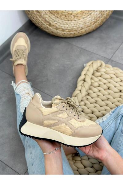 ERVANIN BUTİĞİ Bej Cilt (John) Kadın Bağcıklı Sneakers