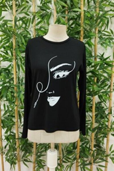 Mossta Μπλούζα από βισκόζη με σχέδιο προσώπου με λαιμόκοψη μαύρη