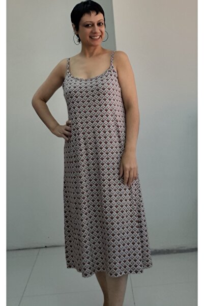 Mertcan Butik Brown Mink Patterned Rope Strap Combed Cotton Viscose Dress