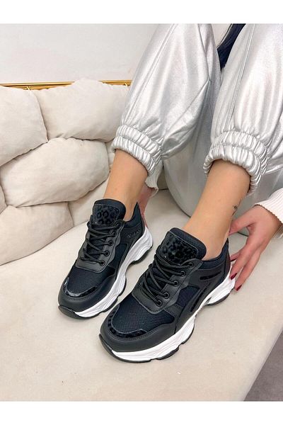 ERVANIN BUTİĞİ Black Leather (Leo) Leopard Detailed Women's Lace-up Sneakers