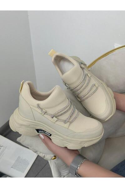 ERVANIN BUTİĞİ Bej (Dore) Kadın Gizli Topuklu Bağcıklı Sneakers