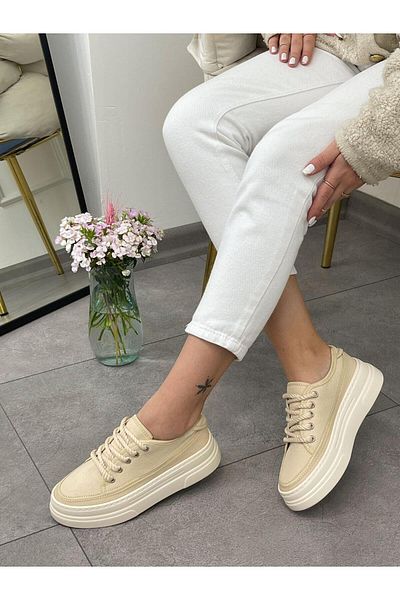 ERVANIN BUTİĞİ Werner Linen Ecru Lace-up Women's Sneakers